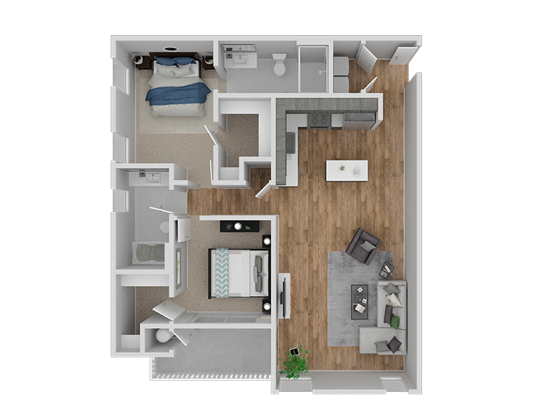 Floor plan for 2 beds, 2 baths, 1073 sqft